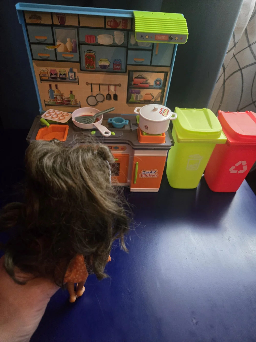 Kids Playset - Bright Toy Kitchen, Toy Garbage Bins & Doll